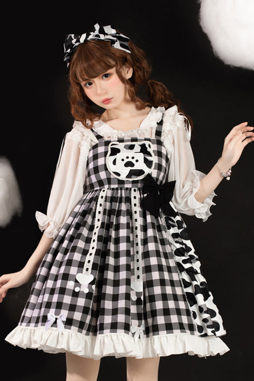 White/Black Milk Cow Plaid Panel Ruffled High Waisted Sweet Lolita JSK Dress