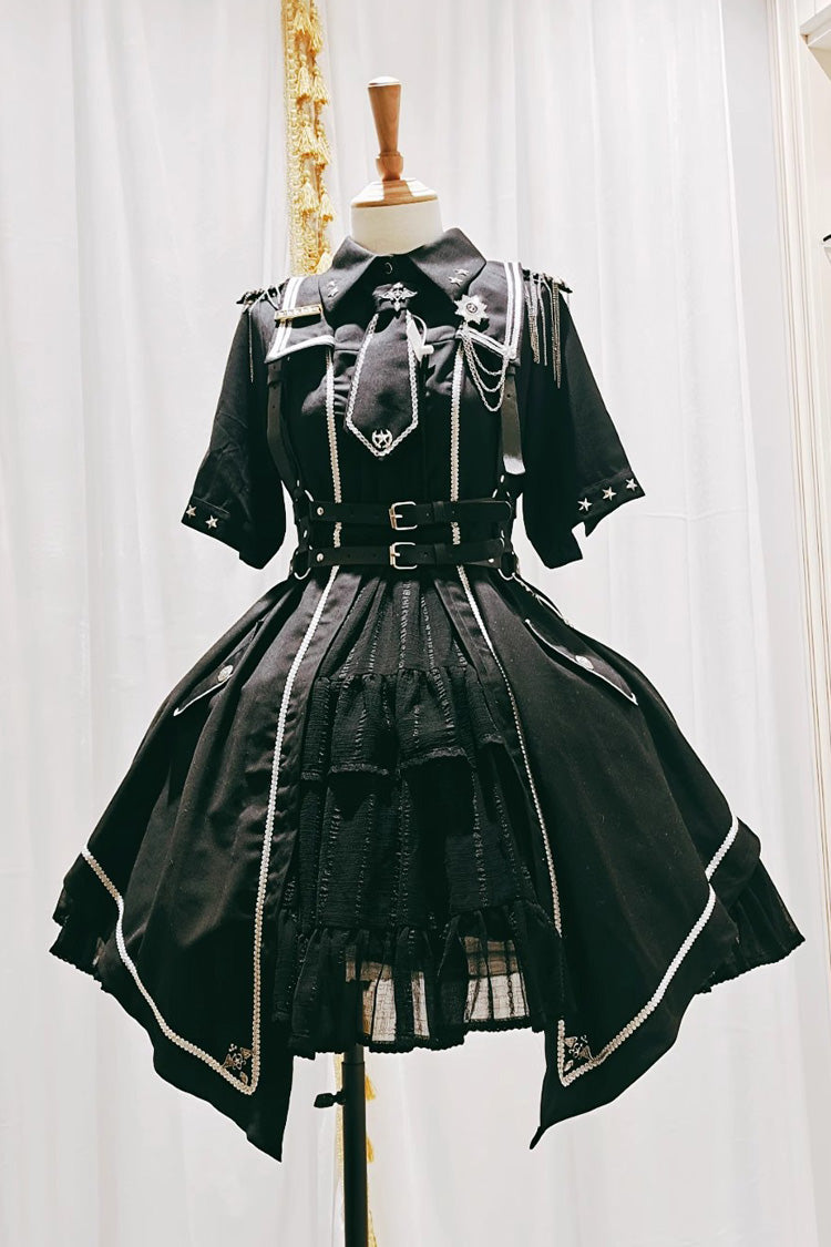 Black Sunset Universe Short Sleeves Cardigan Lace Gothic Military Handsome Lolita Dress Full Set