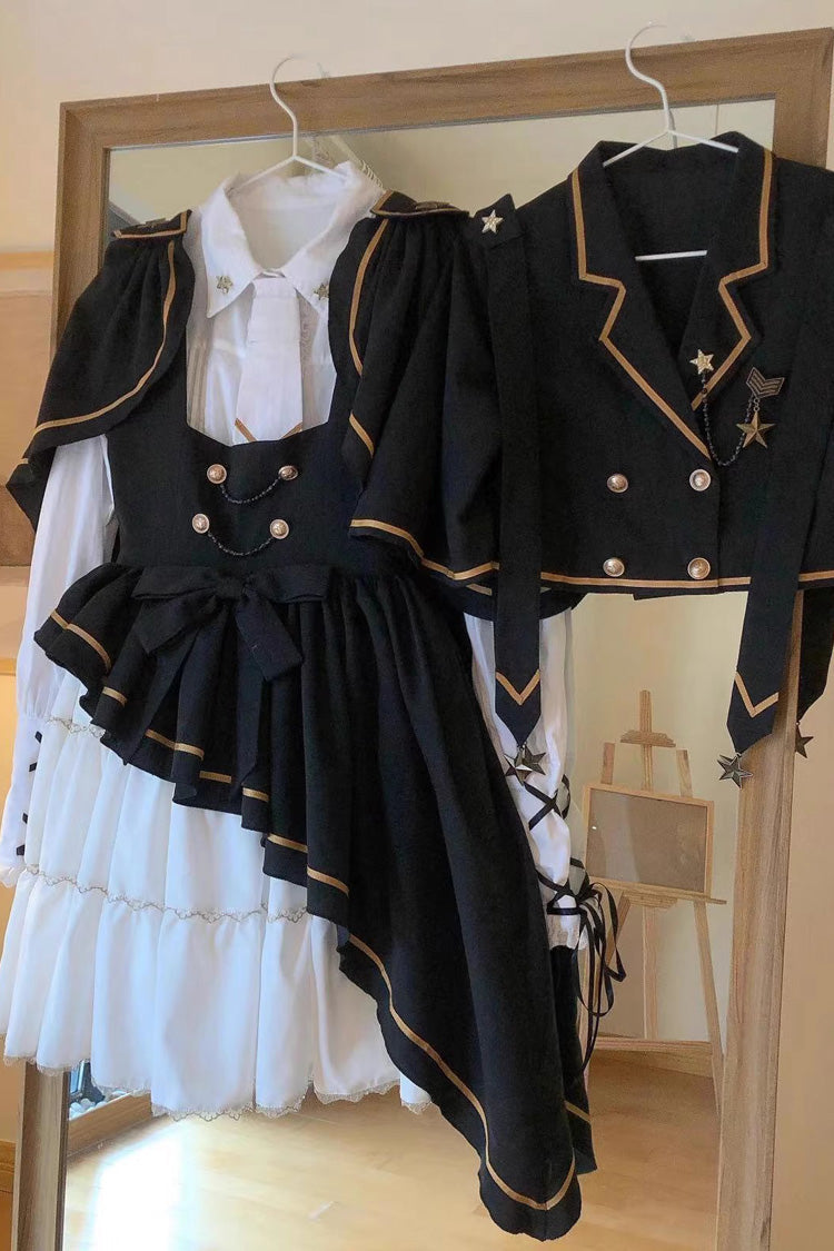 Black/White Commander Long Sleeves Ruffle Bowknot Irregular Sweet Lolita Dress Coat Cloak Set