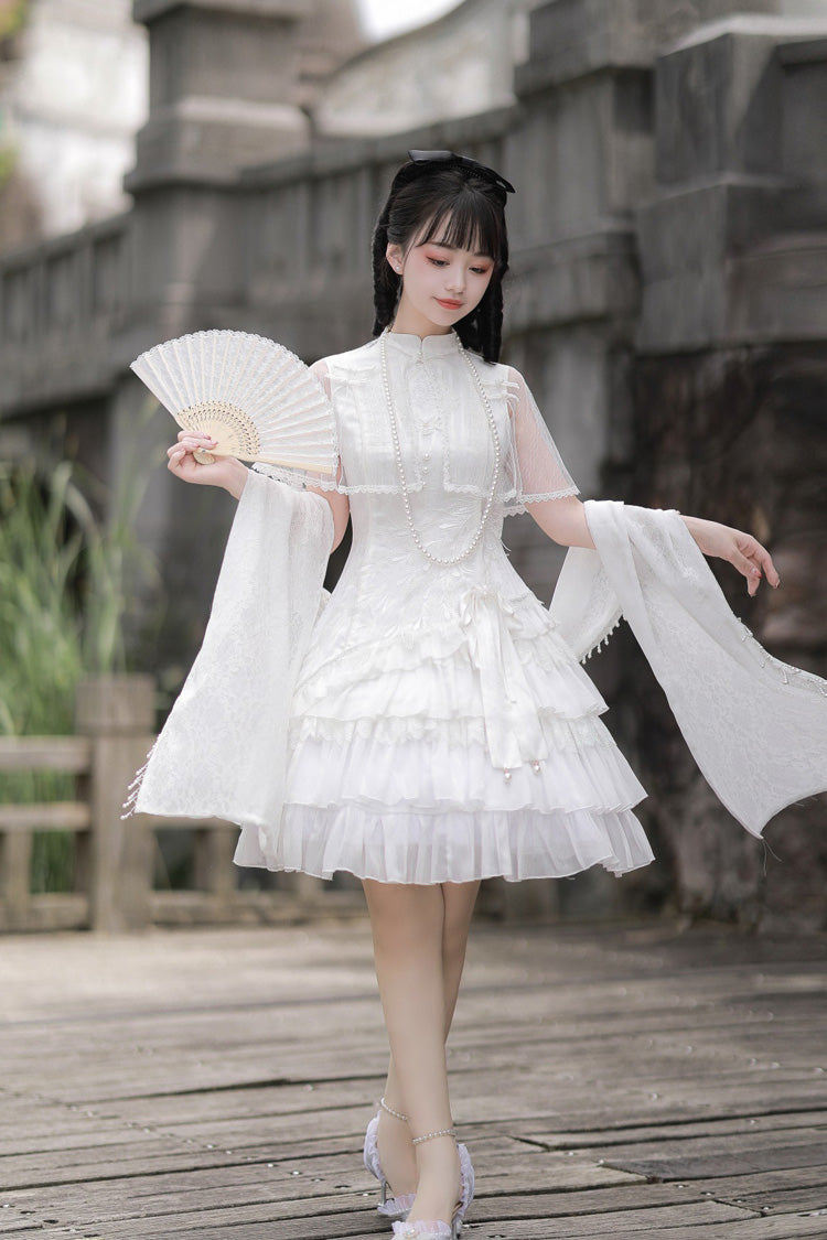 White Stand Collar Ruffle Chinese Qi Shawl Sweet Lolita Dress