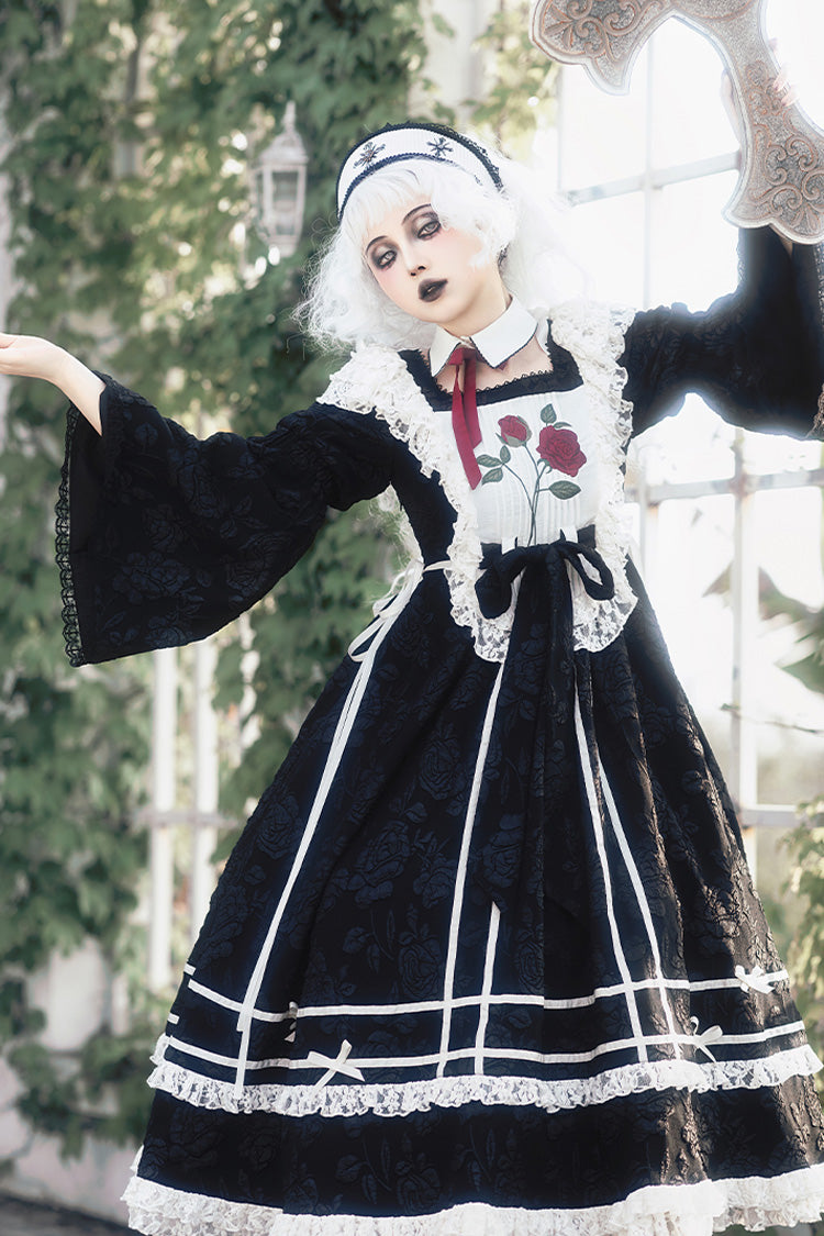 Black Rose Choir Double-Layered Ruffle Embroidery Bowknot Lace Gothic Elegant Nun Lolita Dress
