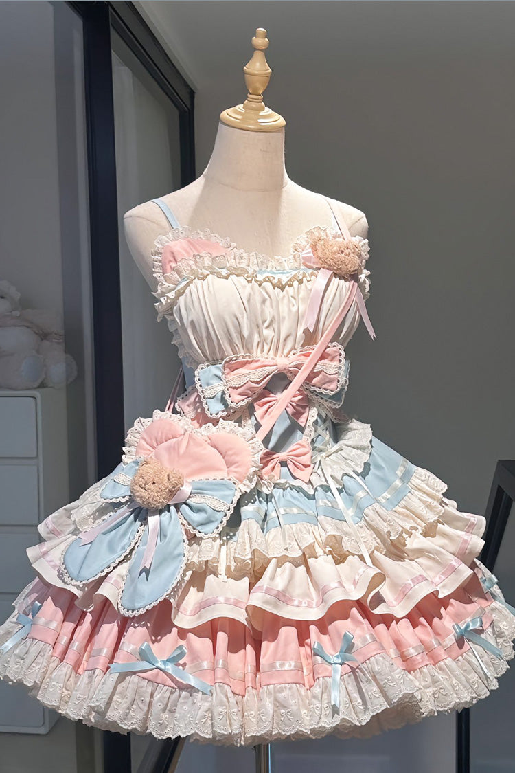 Blue/Pink First Love Bear Multi-Layered Ruffle Bowknot Lace Sweet Lolita Jsk Dress