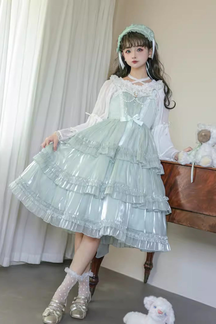 Green Starry Gauze Love Song Three-Tiered Ruffle Bowknot Sweet Lolita Tiered JSK Dress
