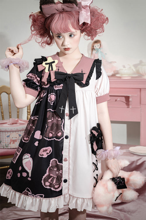 Multi-Color Lapel Collar Short Sleeve Single Breasted Bear Print Sweet Lolita Dress