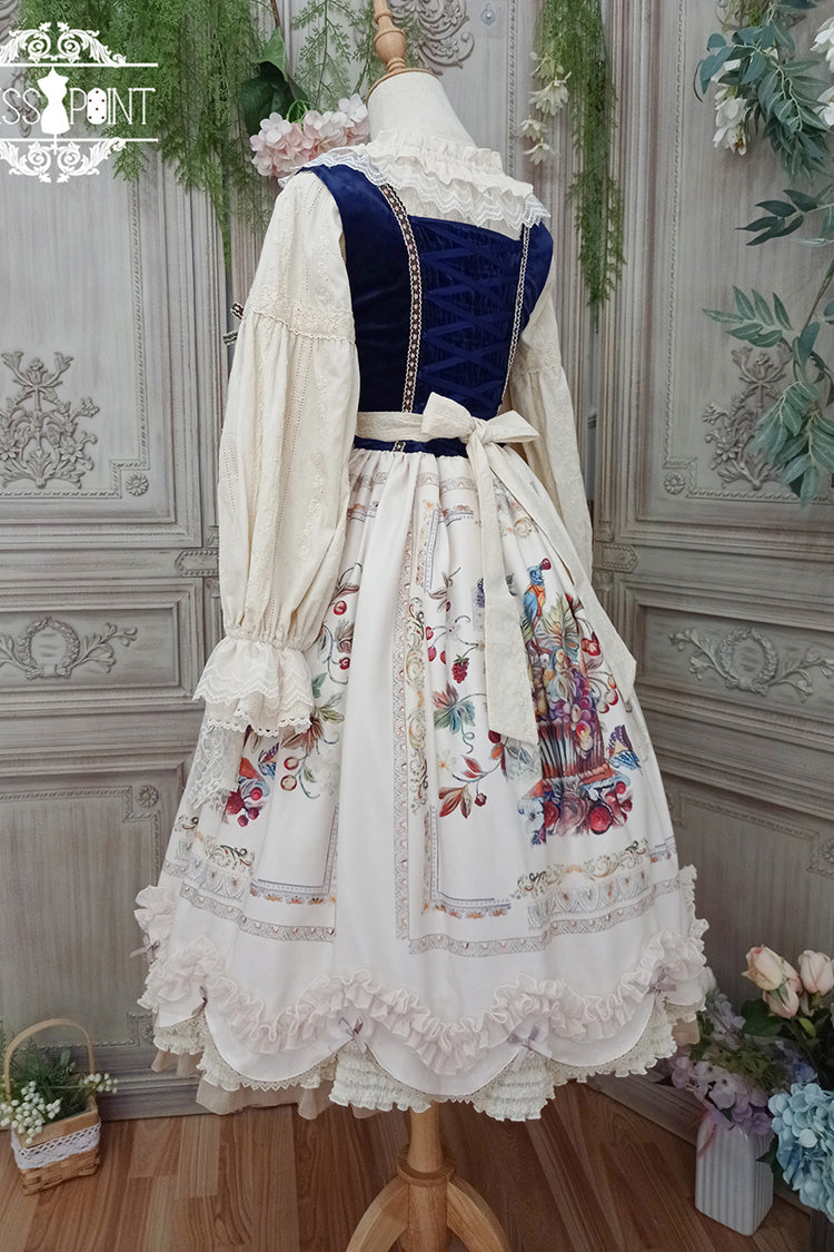 Ivory Ode to Plenty Berries and Birds Print Ruffle Bowknot Velvet Classic Lolita Breast Support Jsk Dress