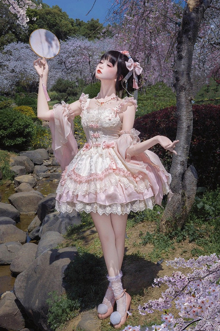 Pink Lyrics in the Midst of Flowers Ruffle Embroidery Bowknot Chinese Style Elegant Sweet Lolita Jsk Dress