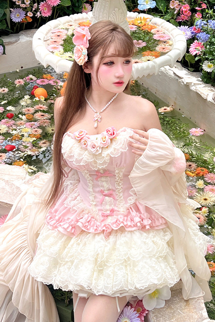 Pink Pure Dream Flower Love Multi-Layered Ruffle Embroidery Bowknot Lace Sweet Lolita Jsk Dress