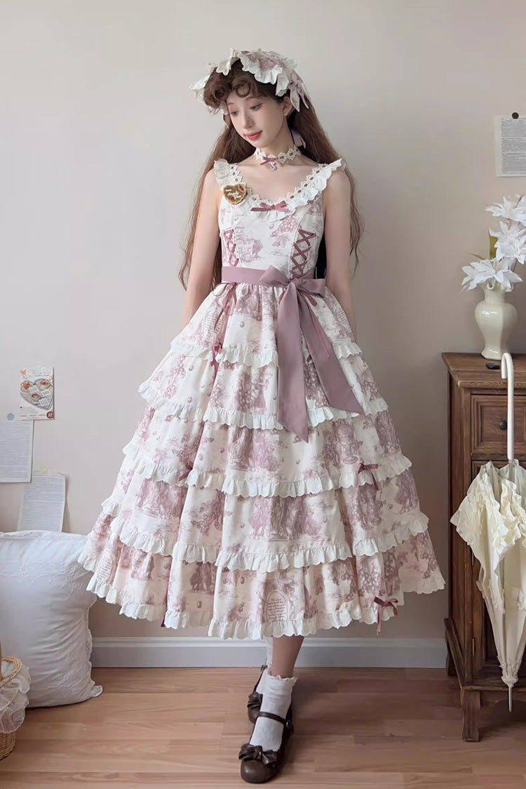 Smoky Purple Grape Moon Almanac Sleeveless Multi-Layered Printed Ruffled Bow Adjustable-Length Sweet Lolita Jsk Dress