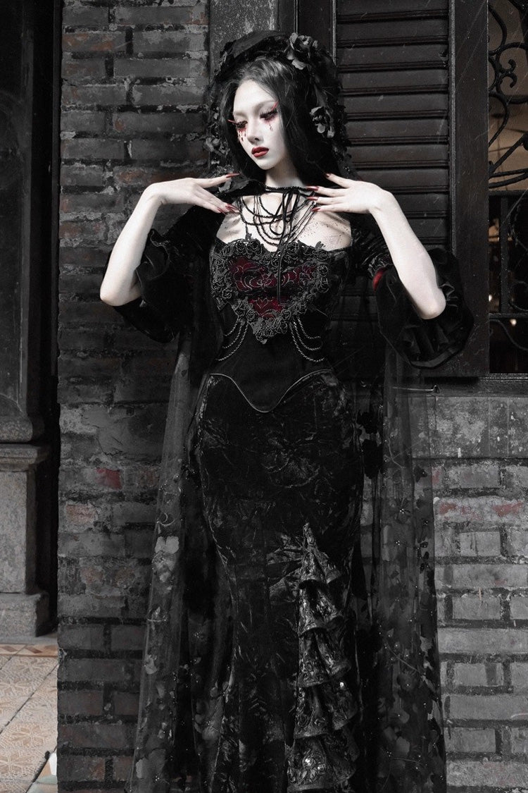 Black Castle of Dark Romance Square Collar Short Sleeves Multi-Layered Ruffled Embroidered Open-Front Lace Gothic Lolita Mermaid Dress