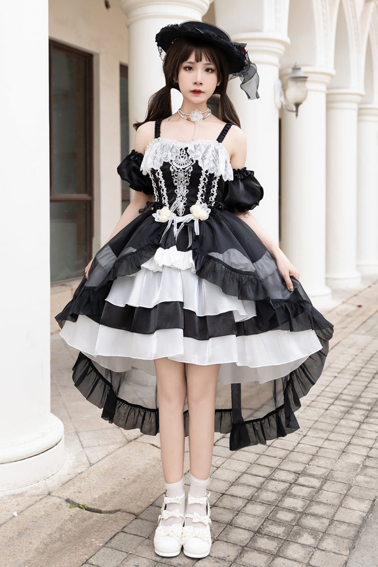 Black/White Rose Of The Night Sea And Starry Sky Off Shoulder Multi-Layered Ruffle Embroidery Sweet Lolita Dress