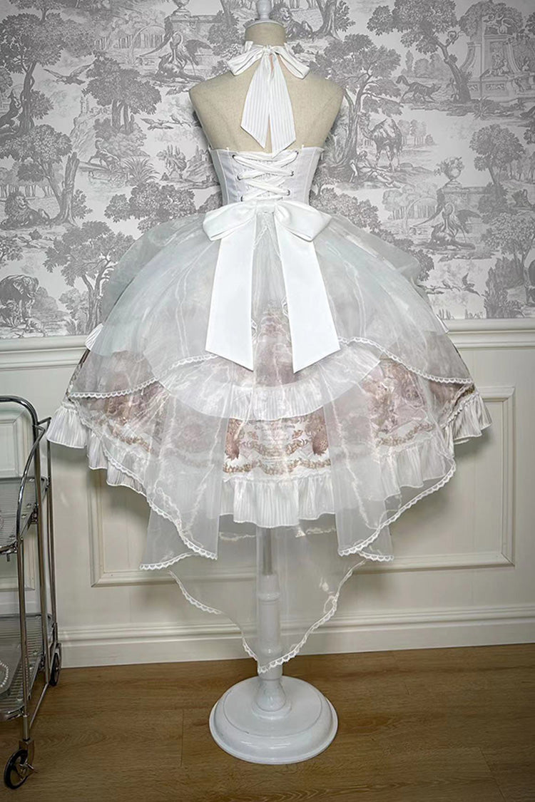 White The Mystery of The Doll Halterneck Print Ruffle Bowknot Drawstring Gothic Lolita Dress
