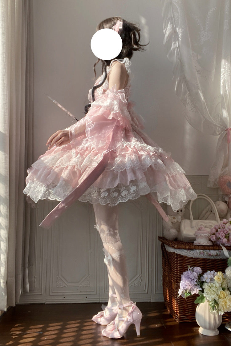 Pink Spring Waters Reflecting Pear Blossoms Ruffled Embroidered Open-Front Bow Lace Sweet Lolita Jsk Dress
