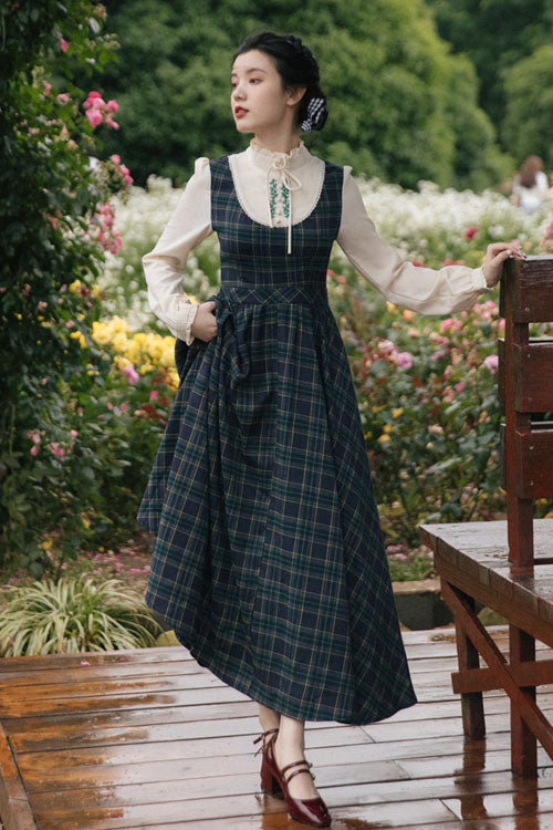 Dark Green Vintage Plaid Print Embroidery Fake Two Pieces High Waisted Classic Lolita Dress