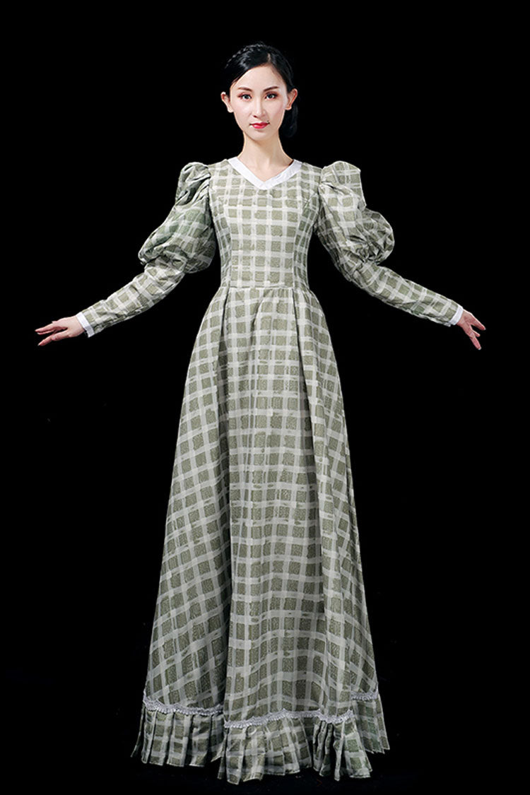 Dark Green Long Sleeves Plaid Print High Waisted Ruffled Victorian Lolita Prom Dress