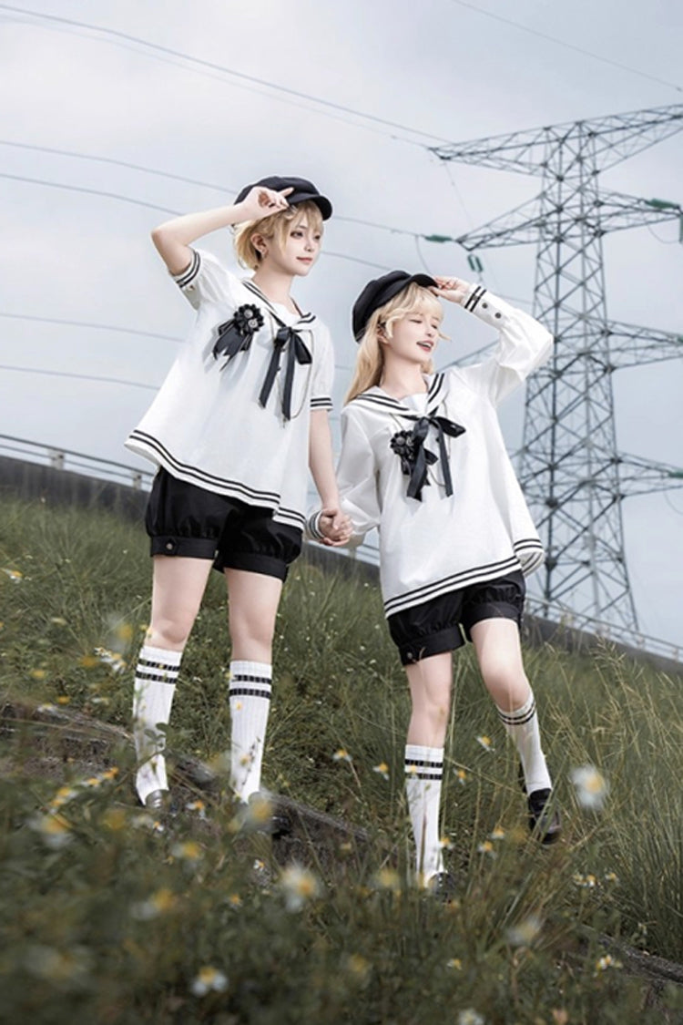 Black/White Old Stories Navy Collar Long Sleeves Bowknot Ouji Gothic Lolita Blouse Shorts Set