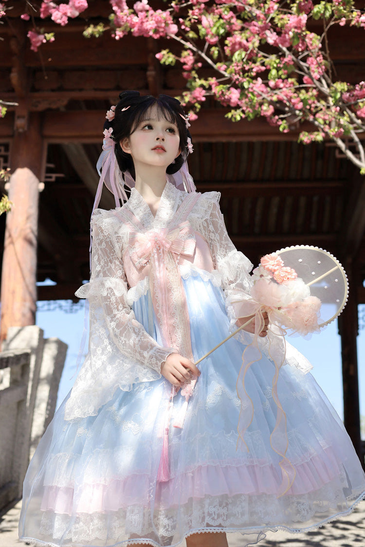 Peach Blossoms in Spring Fields Sleeveless Ruffle Bowknot Lace Sweet Chinese Style Lolita Jsk Dress 3 Colors