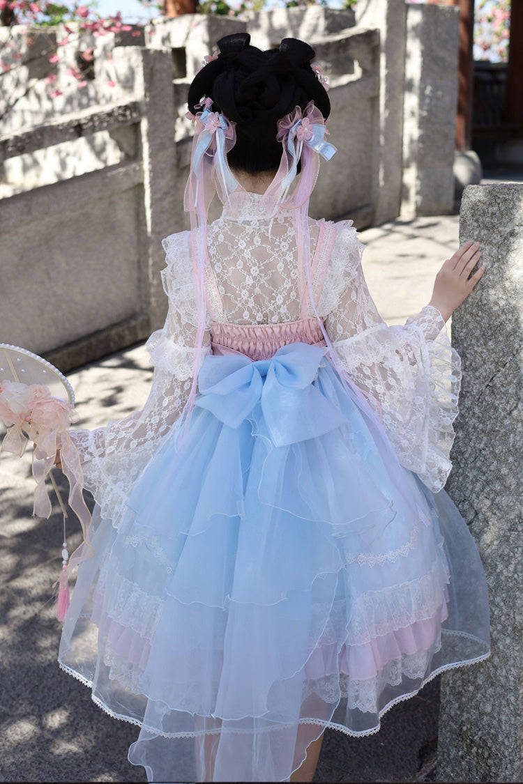 Peach Blossoms in Spring Fields Sleeveless Ruffle Bowknot Lace Sweet Chinese Style Lolita Jsk Dress 3 Colors