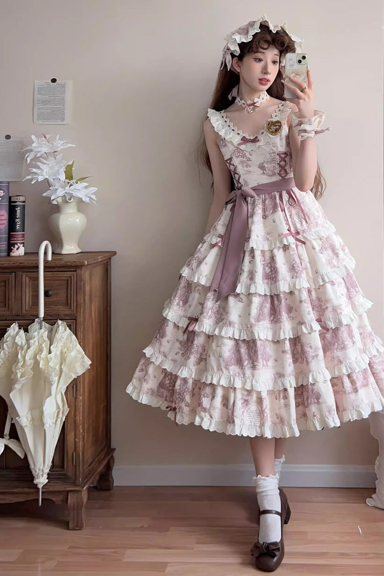 Smoky Purple Grape Moon Almanac Sleeveless Multi-Layered Printed Ruffled Bow Adjustable-Length Sweet Lolita Jsk Dress