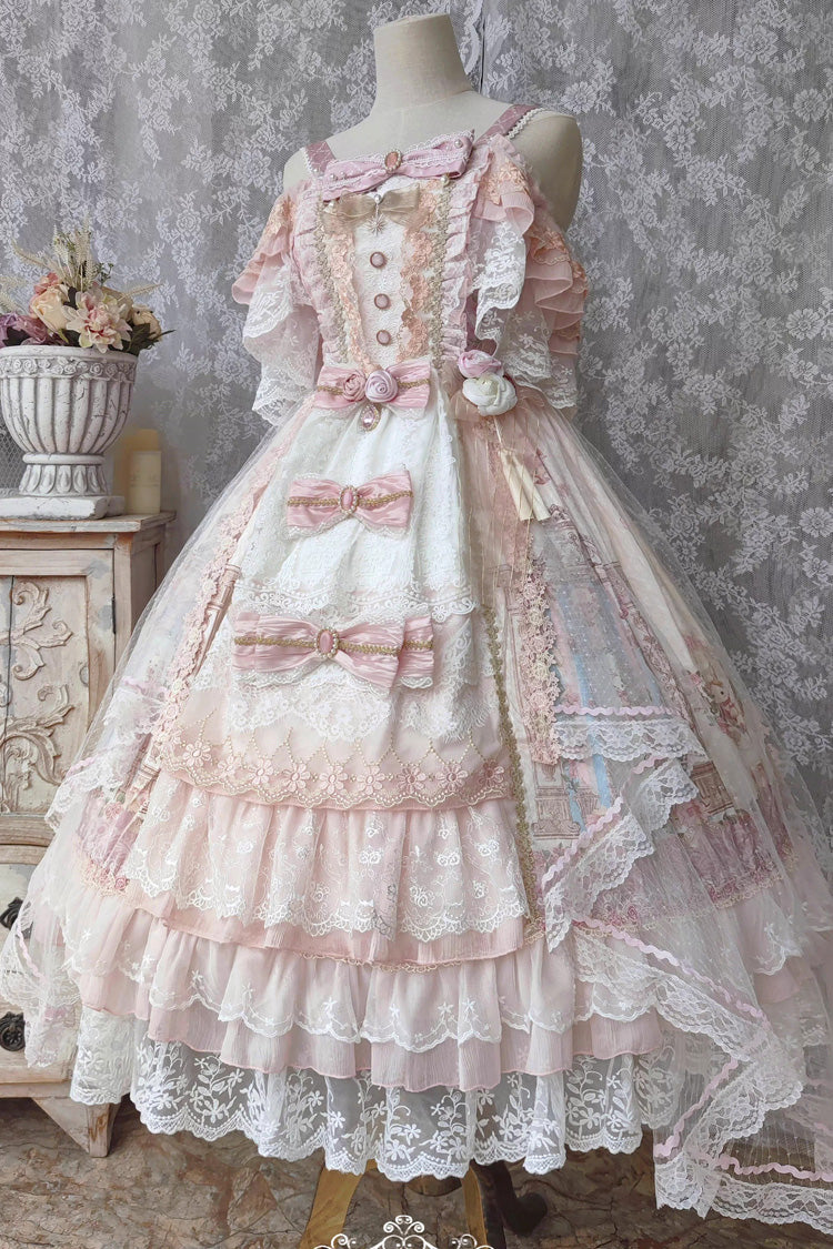 Pink Moonlight Melody Off Shoulder Sleeveless Multi-Layered Hanayome Open-Front Bow Lace Sweet Gorgeous Lolita Jsk Dress Set