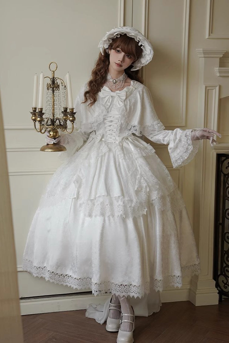 White Cherish Long Trumpet Sleeves Ruffle Hanayome Bowknot Lace-Up Sweet Lolita Dress