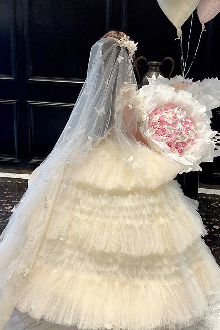 White Maiden's Love Off Shoulder Triple-Layered Ruffled Hanayome Bow Lace Sweet Princess Lolita Dress