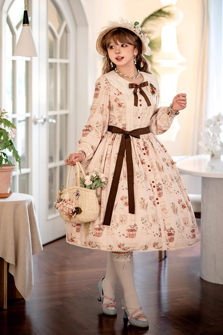 Forest Illustrated Book Long Lantern Sleeves Print Ruffle Sweet Lolita OP Dress 3 Colors