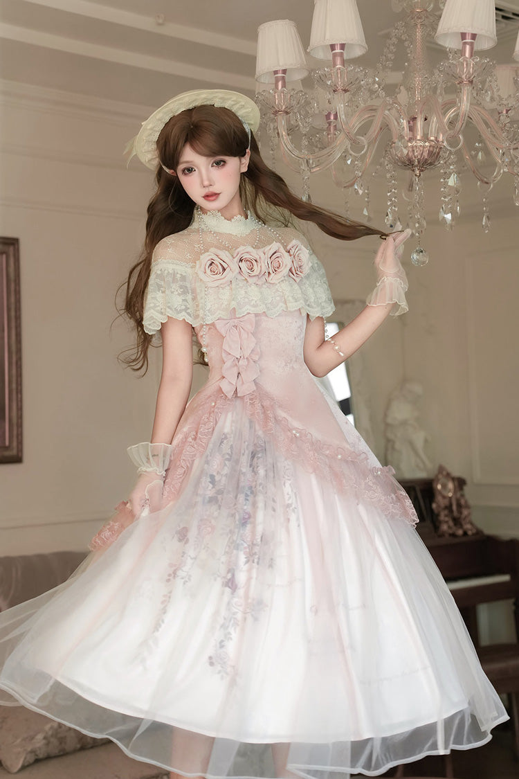 Pink Rose Poems Ruffle Embroidery Bowknot Lace Asymmetric Sweet Elegant Lolita Dress Set