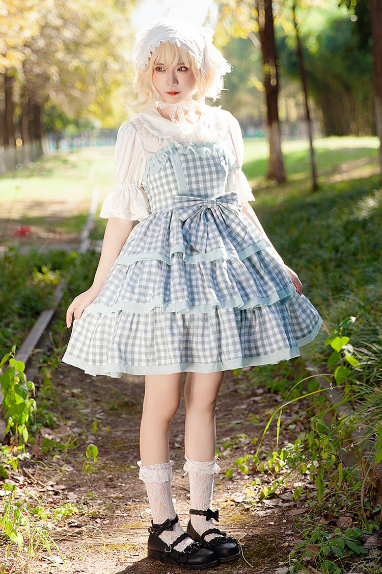 Blue Cloth Cat Triple-Layered Plaid Print Ruffle Bowknot Sweet Lolita Dress 2 Colors