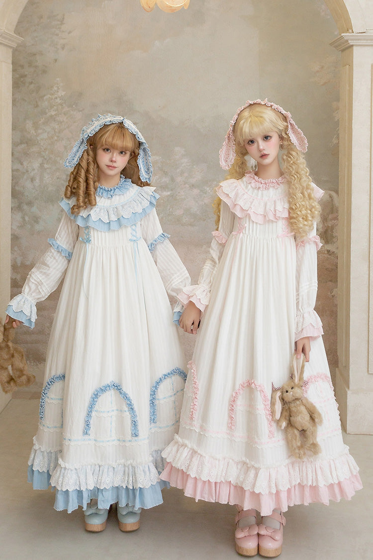 Pink Twin Lilian Round Collar Long Sleeves Double-Layered Ruffled Bow Lace-Up Sweet Lolita Dress