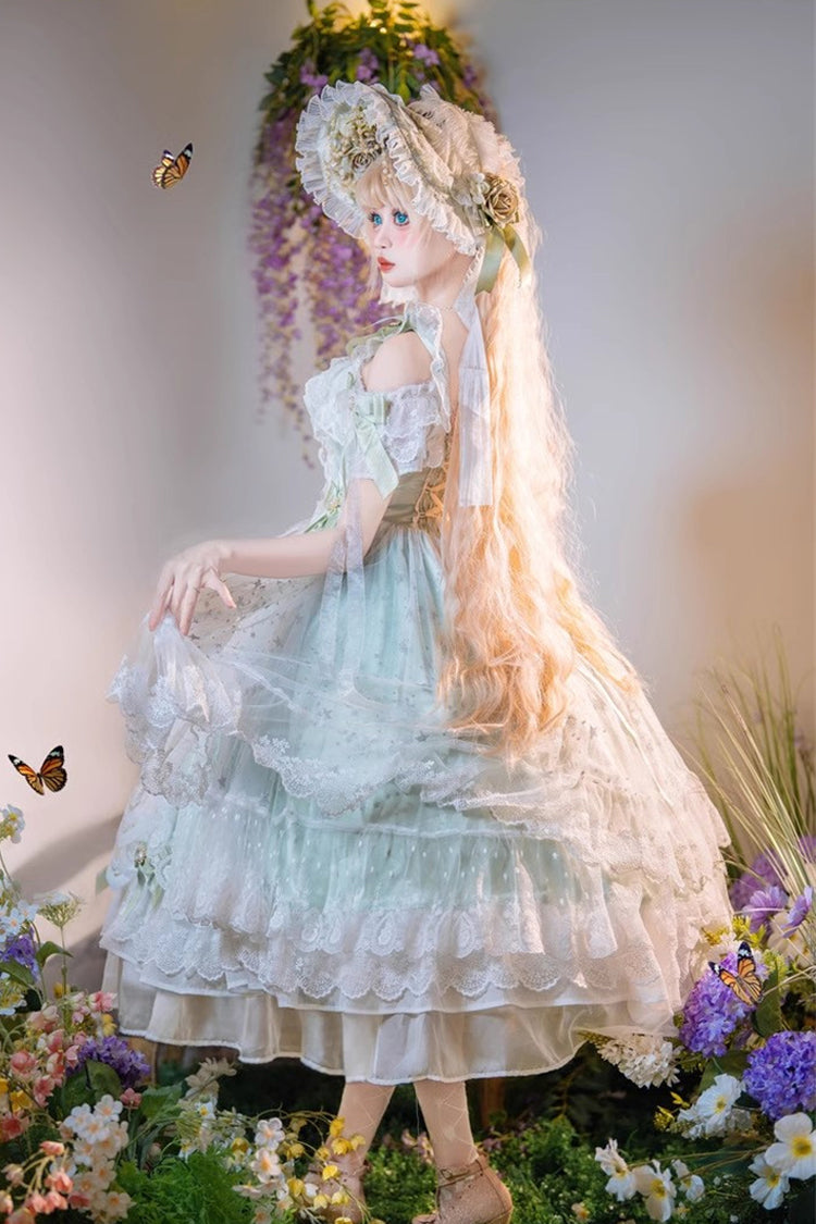 Green Glazed Phantom Off Shoulder Ruffle Hanayome Bowknot Lace Sweet Elegant Lolita Dress