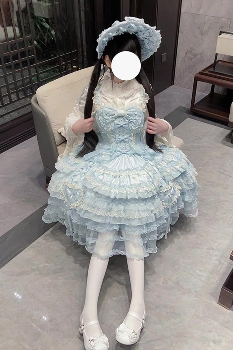 Blue Sweetheart Diary Multi-Layered Ruffle Hanayome Embroidery Bowknot Lace Sweet Lolita Jsk Dress