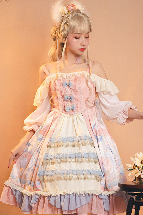 Pink Cloud Dreamland Bowknot Strapless Multi-Layer Ruffled Sweet Lolita OP Dress