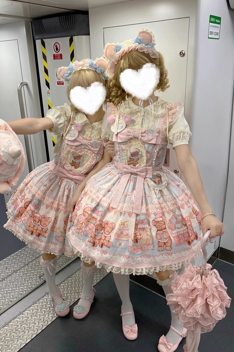 Bear Anniversary Celebration Sleeveless Printed Ruffled Bow Sweet Lolita Strap Dress 2 Colors