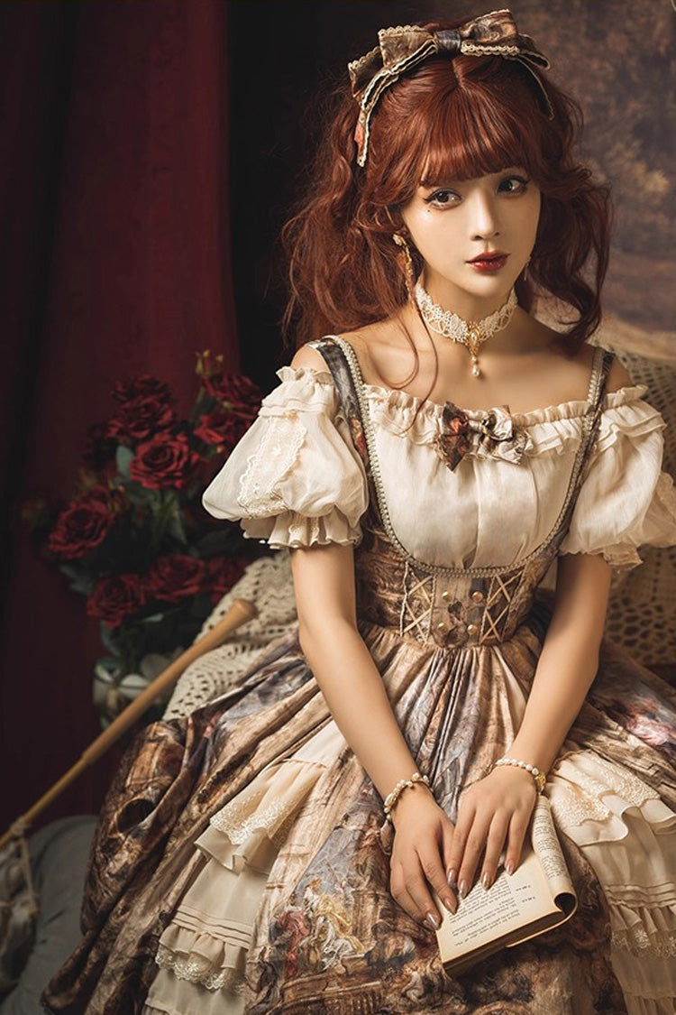 Brown Cloria Oil Painting Print Bowknot Lace Sweet Elegant Palace Lolita Jsk Dress