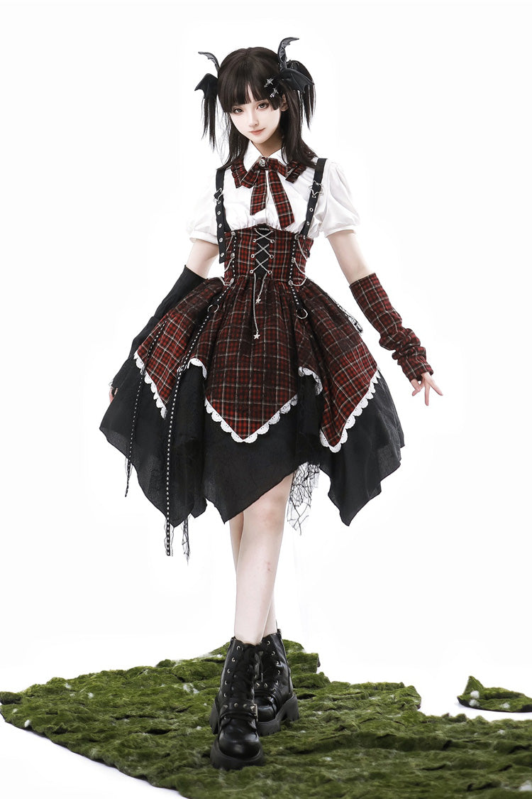 Black/Red Soul Mantra Plaid Print Irregular Sweet Lolita Strap Dress