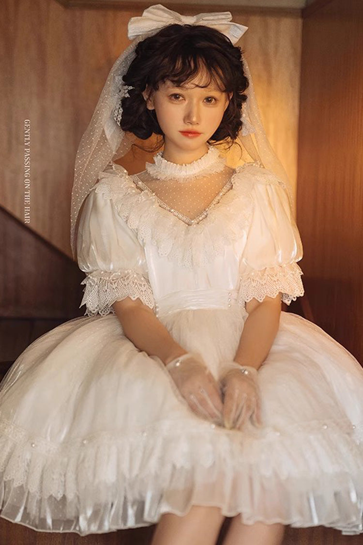 White Multi-Layered Ruffle Hanayome Hollow Bowknot Lace Sweet Vintage Gorgeous Lolita Dress