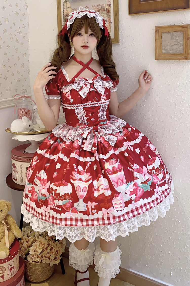 Red Strawberry Parfait Print Short Sleeves Ruffle Bowknot Lace Lace-Up Sweet Lolita Dress