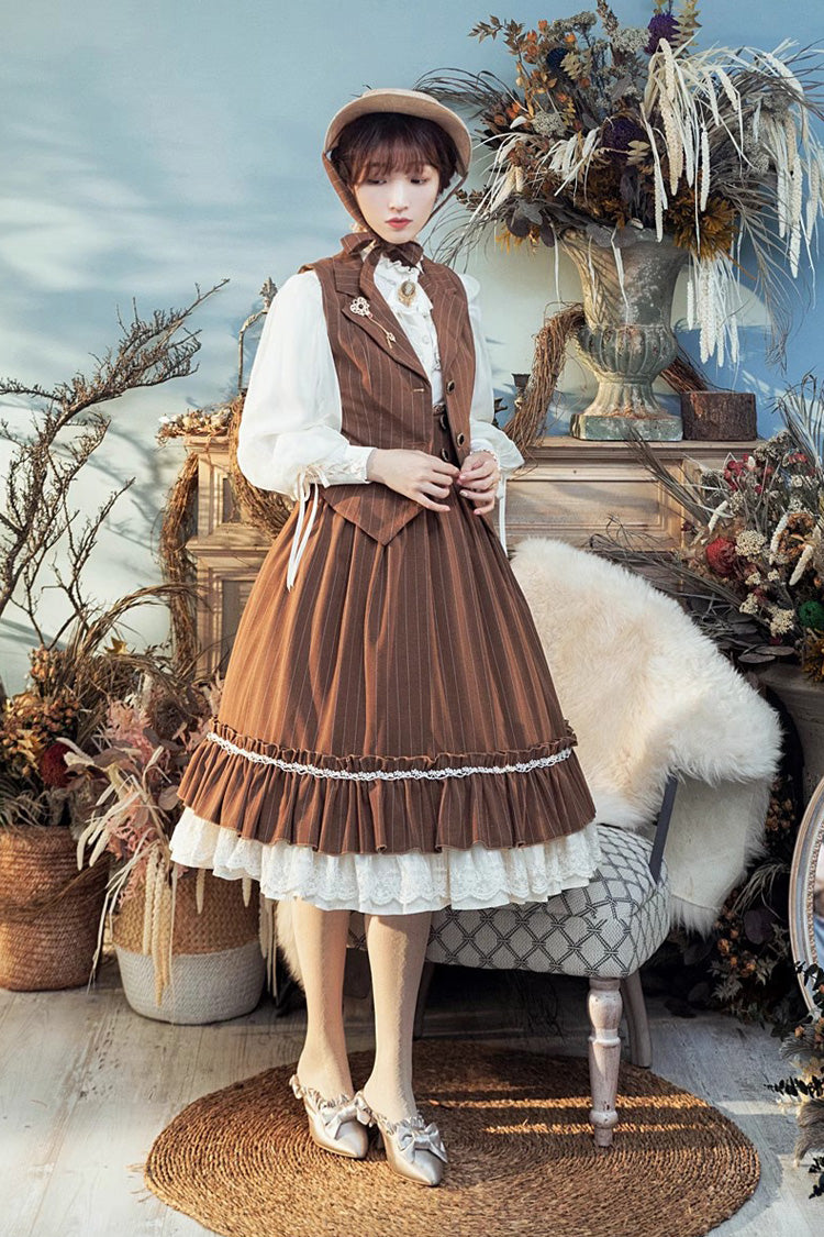 Multi-layer Striped Print Ruffle Sweet College Style Elegant Lolita Skirt 3 Colors