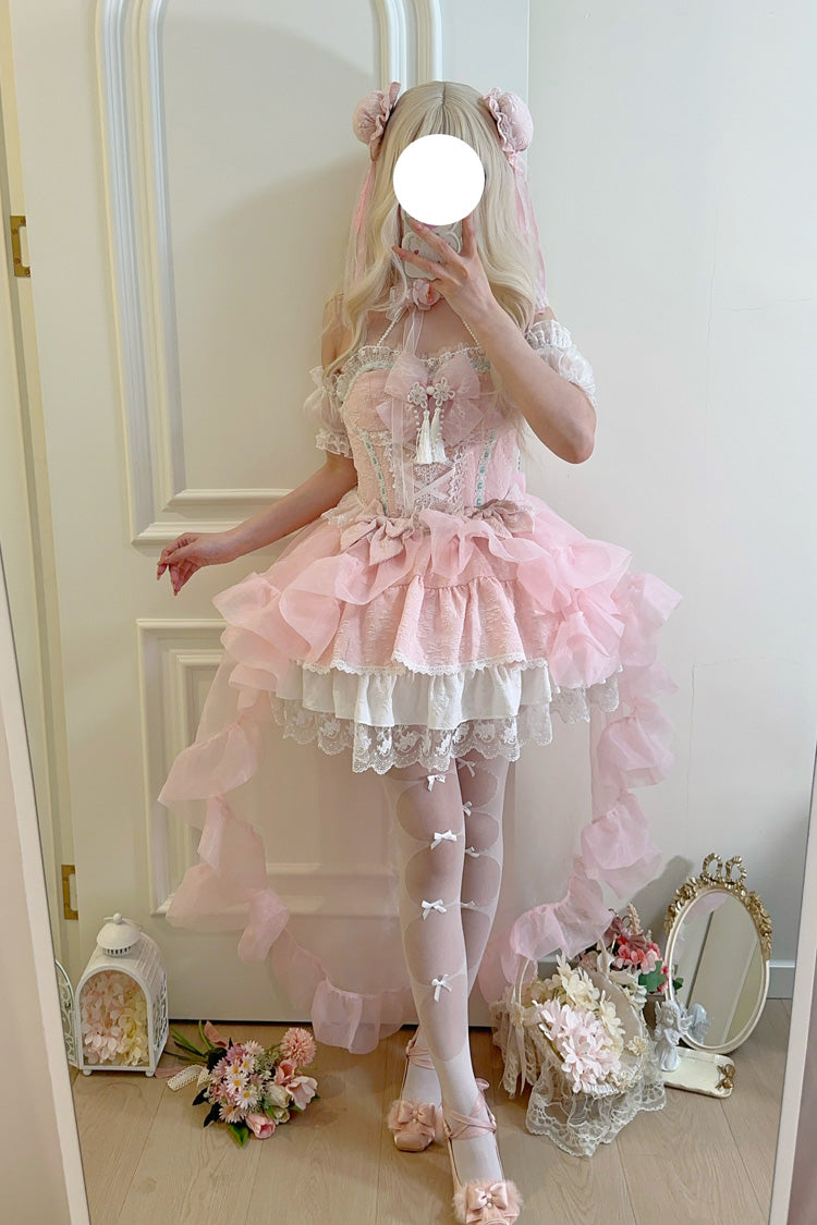 Pink Rain and Flowers Halterneck Jacquard Ruffle Bowknot Lace Sweet Lolita Jsk Dress