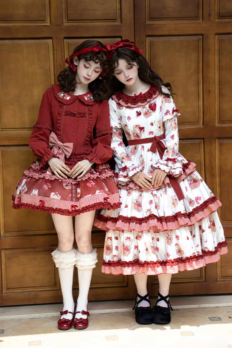 White/Pink Bell Strawberry Farm Print Long Sleeves Triple-Layered Ruffle Sweet Lolita Dress