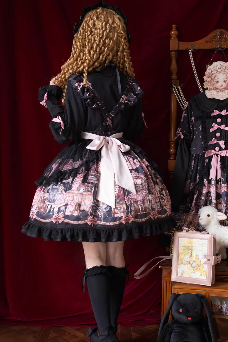 Black The Case of the Missing Lamb Print Ruffle Bowknot Lace Gothic Lolita SK Skirt