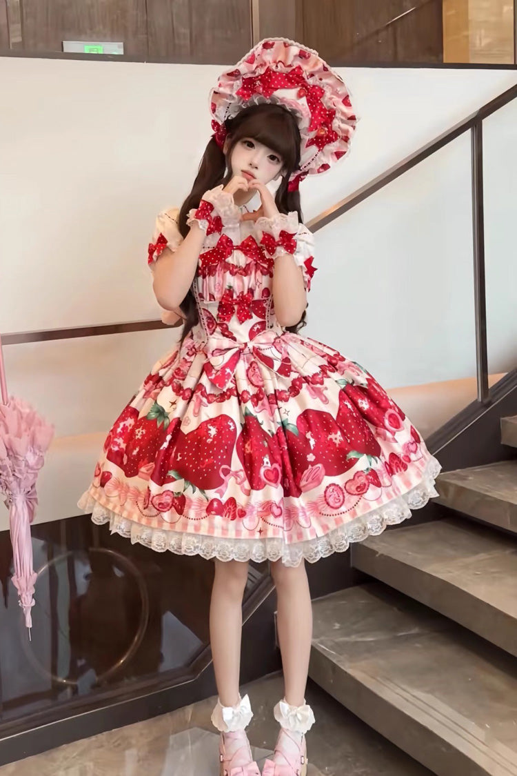 Dream to Strawberry Print Ruffle Bowknot Lace Sweet Lolita Jsk Dress 4 Colors