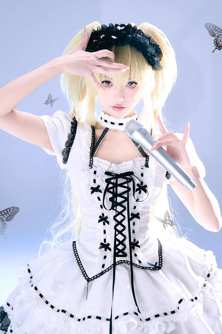 White Witch Long Trumpet Sleeves Double-Layered Ruffle Bowknot Lace-Up Gothic Lolita Skirt Dress Set