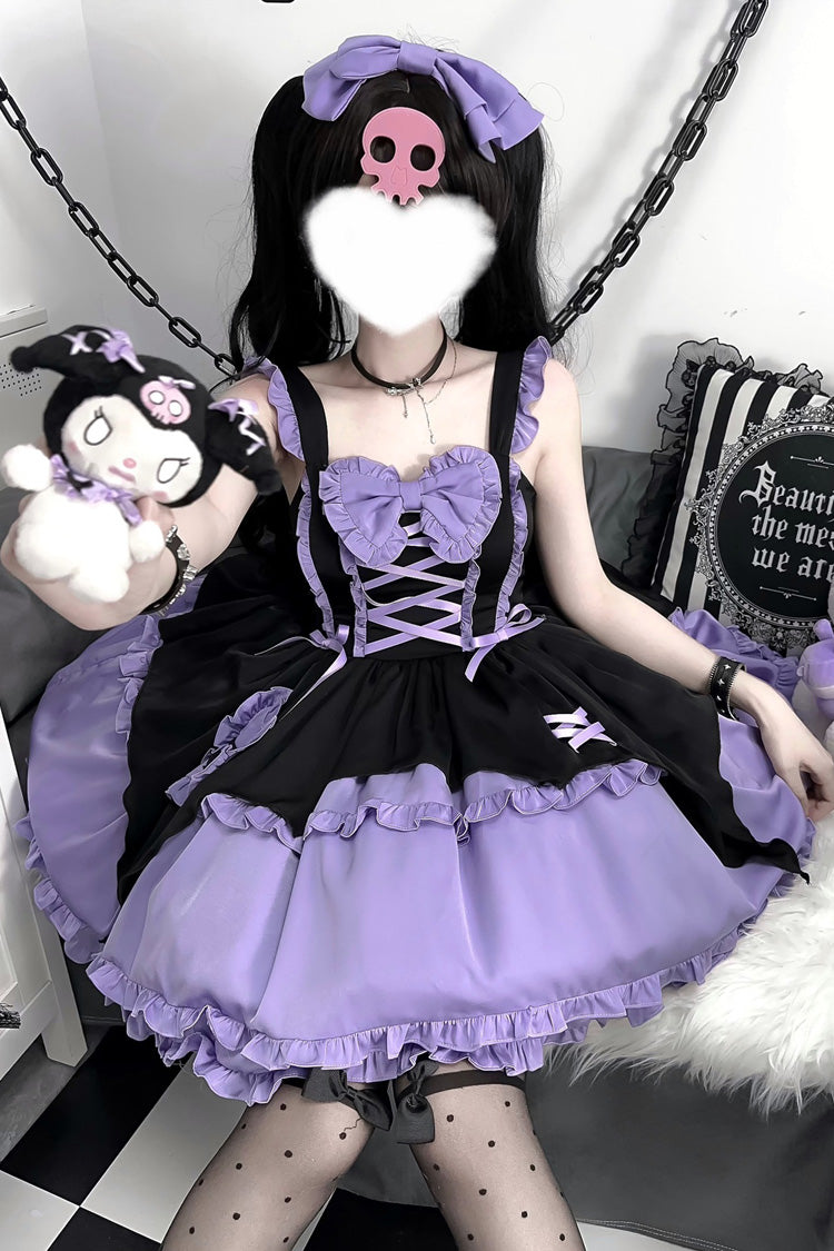 Black/Purple Halloween Little Witch Sleeveless Double-Layered Ruffle Bowknot Lace-Up Gothic Lolita Jsk Dress