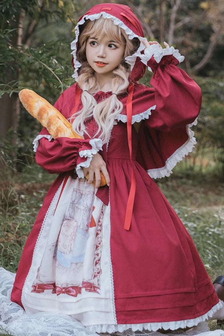 Red Little Red Riding Hood Sleeveless Print Ruffle Bowknot Sweet Princess Lolita Jsk Dress
