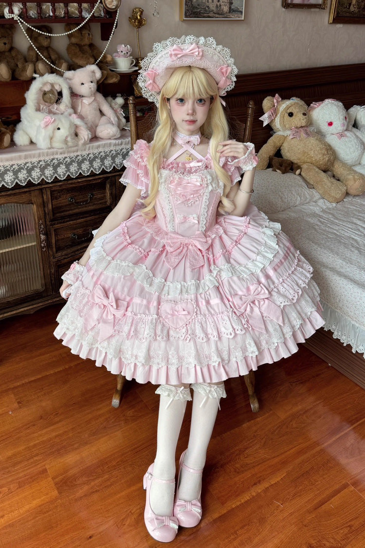 Pink Super Cute Belia Sleeveless Triple-Layered Ruffle Bowknot Lace Sweet Elegant Lolita Jsk Dress