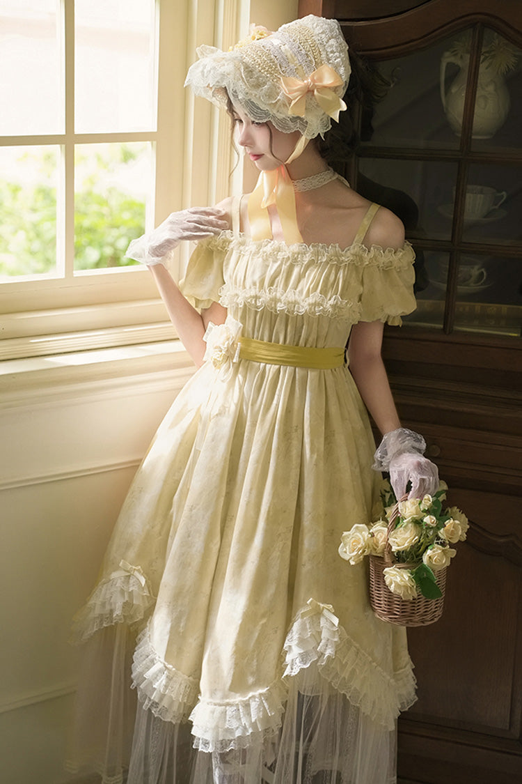 Yellow Falling Flowers as a Message Square Collar Short Sleeves Print Ruffle Lace Sweet Elegant Lolita Long Dress