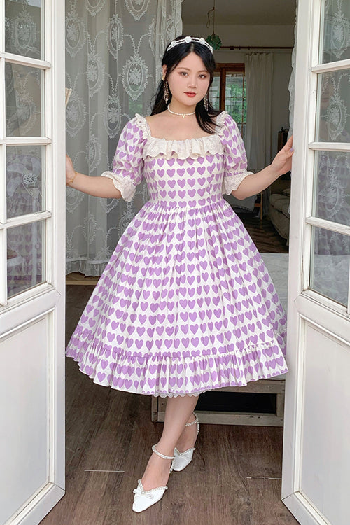 Purple Square Collar Heart Print Ruffled Short Sleeves Plus Size Sweet Lolita OP Dress