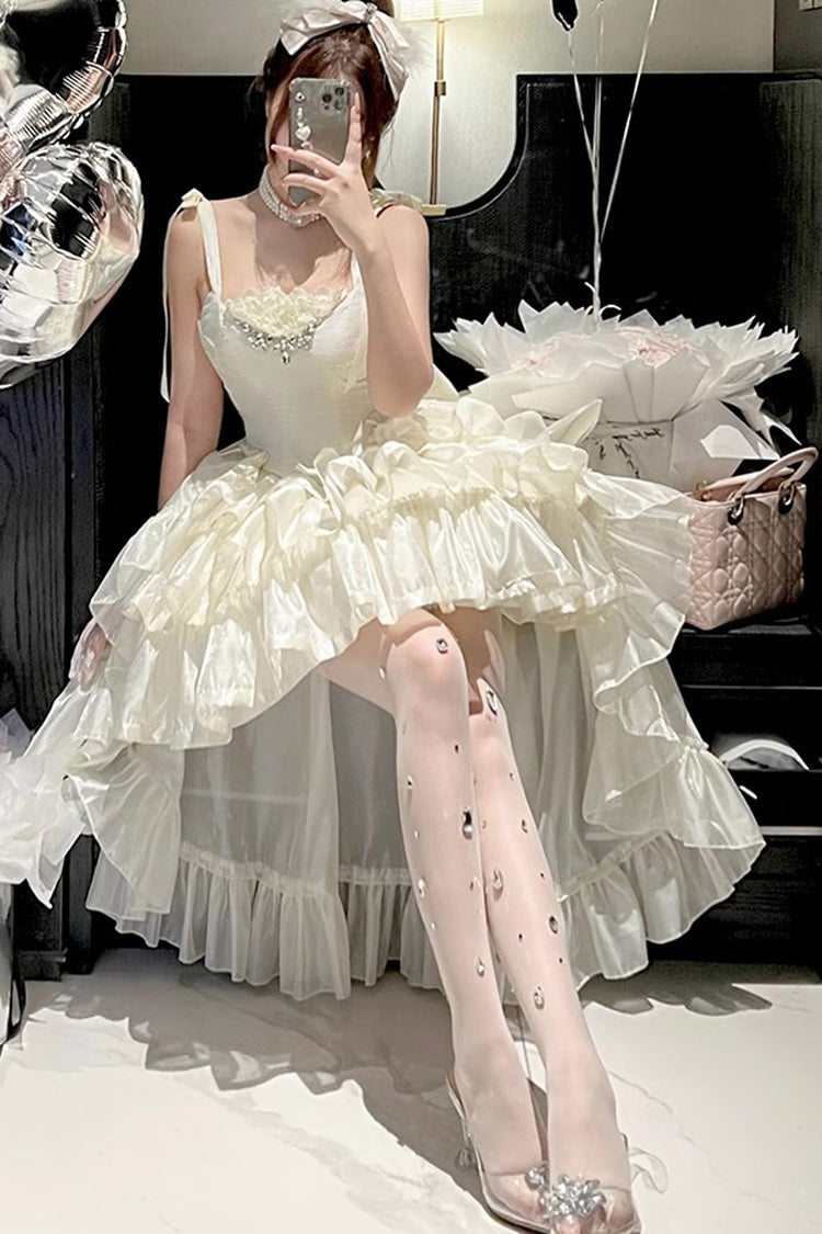White Triple-Layered Ruffle Bowknot Lace Sweet Princess Lolita Jsk Dress