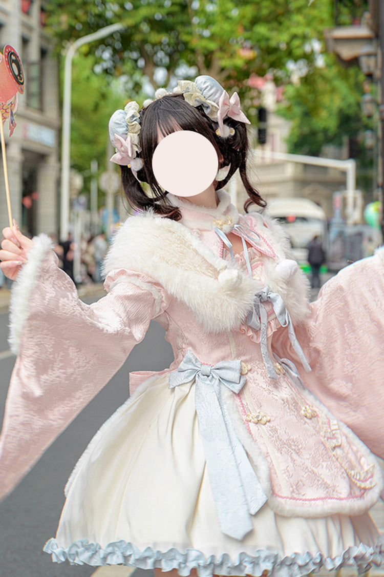 Pink Long Sleeves Ruffle Bowknot Sweet Chinese Style Lolita Dress